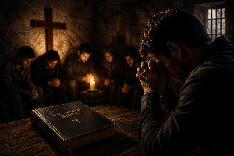 Groupe de chrétiens en prière dans un lieu sombre autour d’une Bible et d’une croix symbolisant la persécution chrétienne.