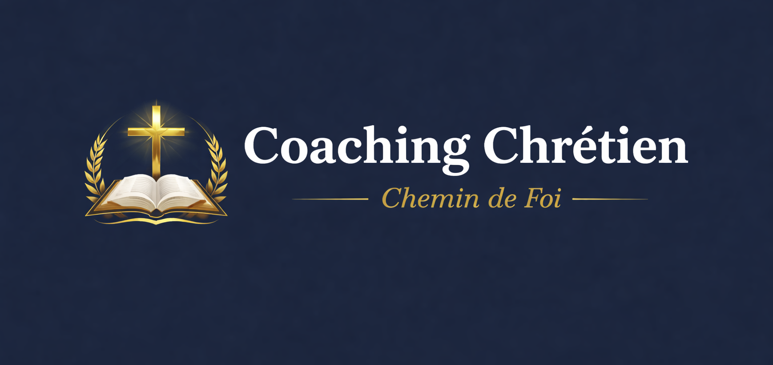 Coaching chrétien – Chemin de Foi Logo de coaching chrétien avec croix lumineuse, Bible ouverte et inscription Chemin de Foi