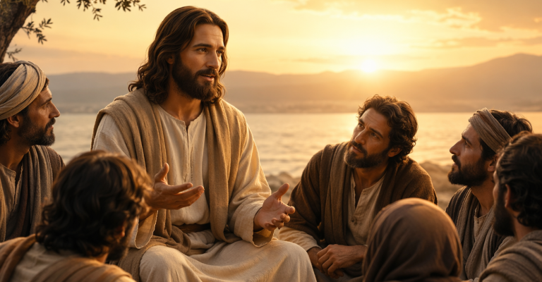 Jésus enseignant ses disciples au bord de l’eau dans une scène biblique paisible