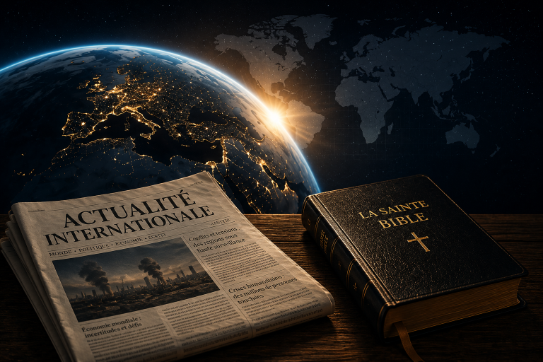 Image représentant l’actualité mondiale avec la Terre illuminée, une Bible et un journal international dans une ambiance chrétienne.