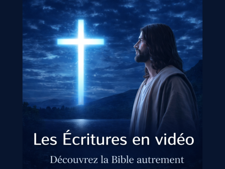 Découvrir la Bible autrement en vidéo Illustration de Jésus regardant une croix lumineuse dans le ciel, représentant la découverte des Écritures en vidéo.